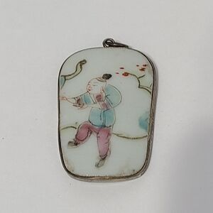 Vintage Chinese Asian Silver Hand Painted Porcelain Tile Pendant